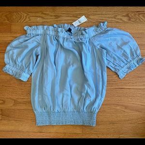 Ann Taylor Blouse Women’s Medium Blue Pinstriped Shirt Off The Shoulder New